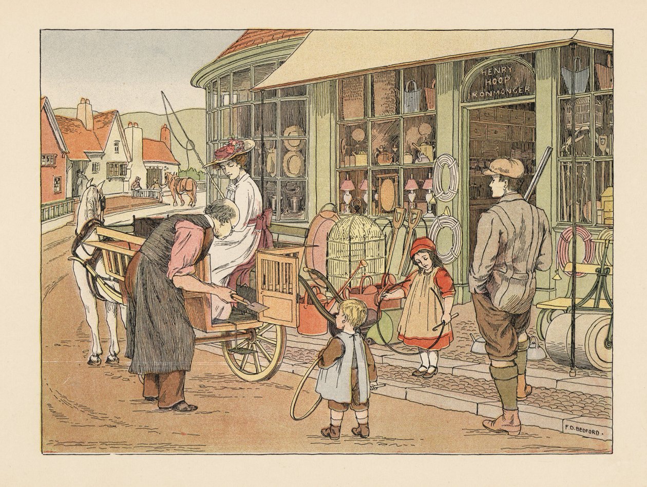 Viktorianische Familie bei Henry Hoop, dem Dorfeisenwarenhändler. Chromolithographie nach einer Illustration von Francis Donkin Bedford aus Edward Verrall Lucas