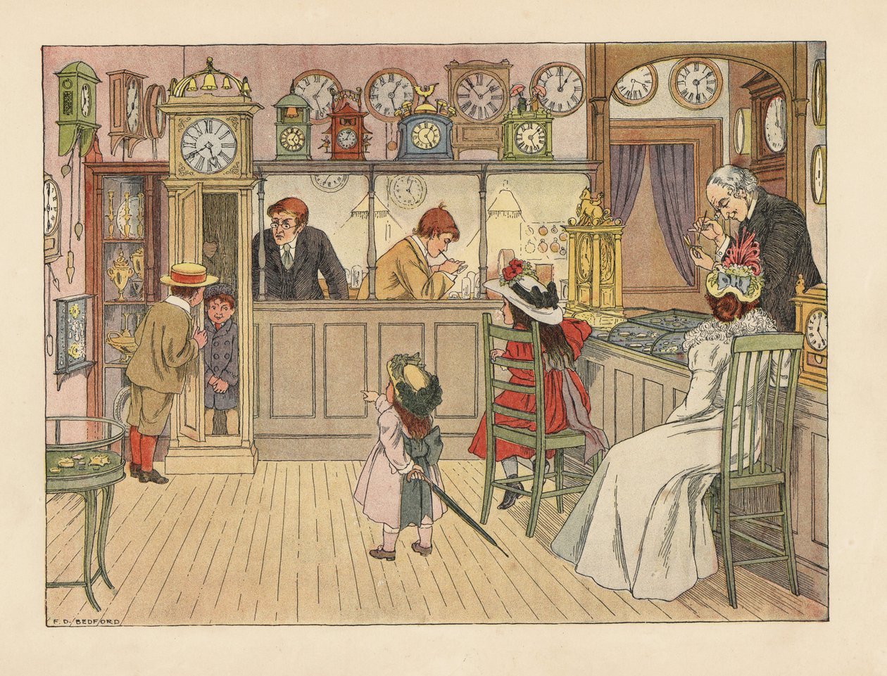 Viktorianische Familie beim Uhrmacher. Kinder spielen in einer Standuhr, während ein Angestellter eine Uhr repariert. Chromolithographie nach einer Illustration von Francis Donkin Bedford aus Edward Verrall Lucas