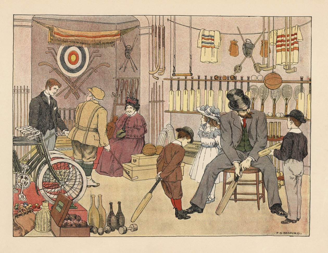 Viktorianischer Vater und Kinder kaufen Cricket-Schläger im Sportgeschäft. Golfer in Plusfours mit einem Verkäufer. Chromolithographie nach einer Illustration von Francis Donkin Bedford aus Edward Verrall Lucas