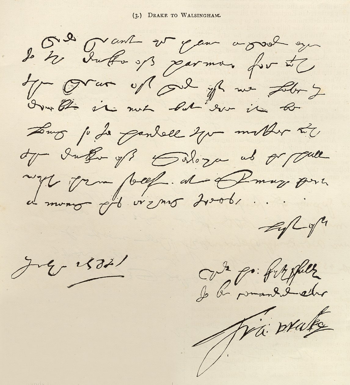 Brief von Sir Francis Drake an Sir Francis Walsingham, unterzeichnet am 29. Juli 1588, veröffentlicht in 
