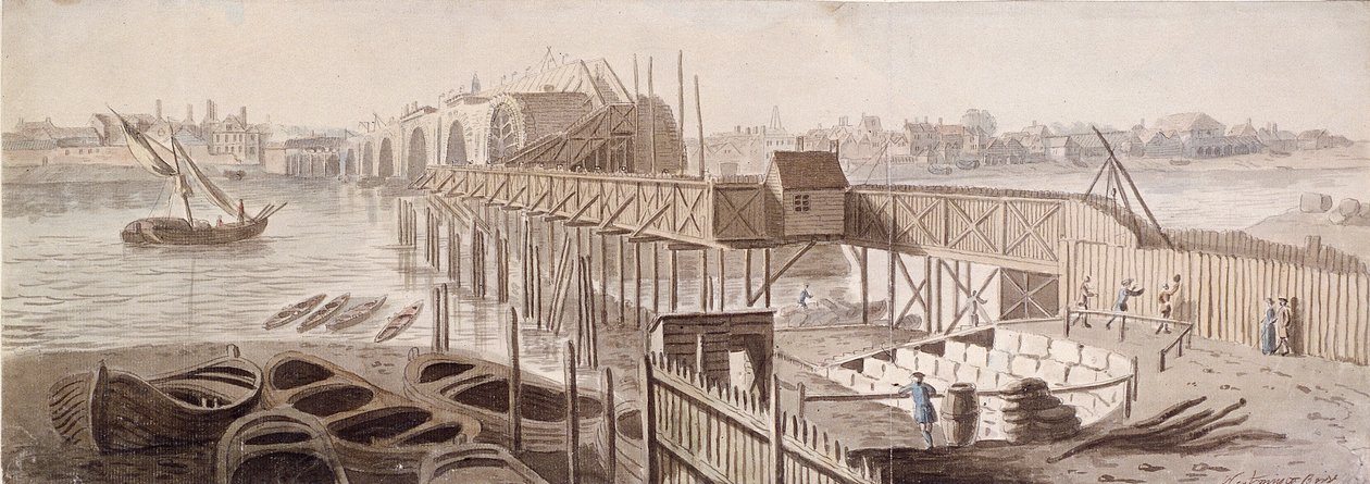 Bau der Blackfriars-Brücke von Francis Grose