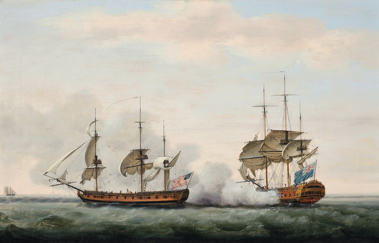 Das Schiff der East India Company, Bridgewater, verteidigt erfolgreich ihre Ladung gegen einen Angriff des amerikanischen Freibeuters Hampden auf dem Weg von St. Helena nach England am 8. März 1779 von Francis Holman