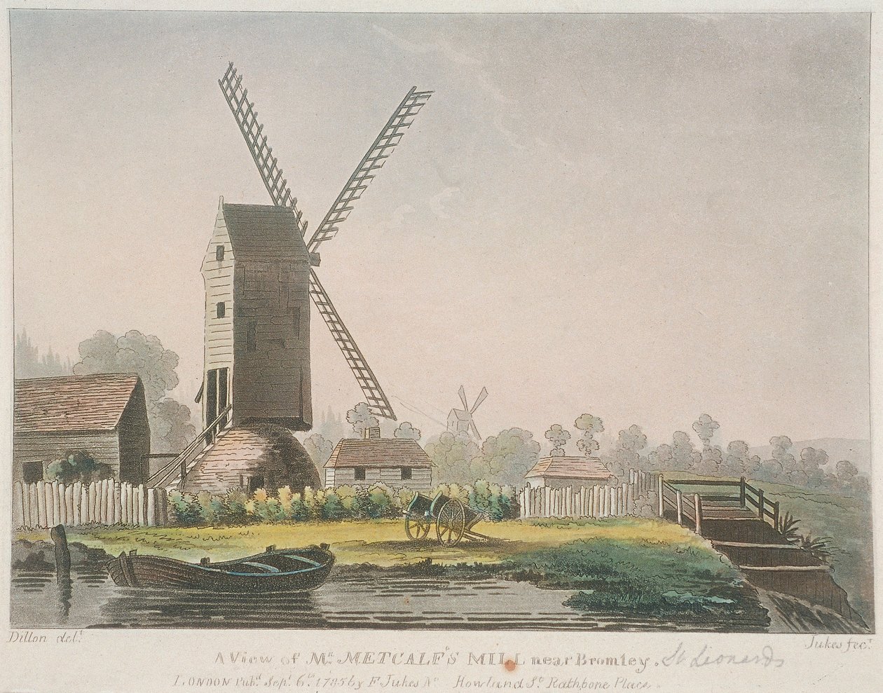 Ansicht der Mühle von Mr. Metcalf nahe Bromley, Bow, Poplar, London, 1785 von Francis Jukes