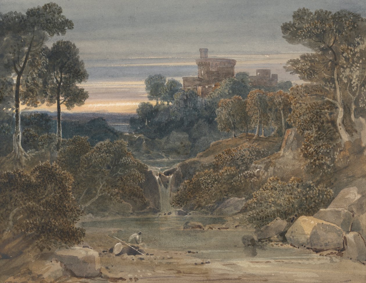Landschaft mit Schloss, Wasserfall und Bach im Vordergrund von Francis Oliver Finch
