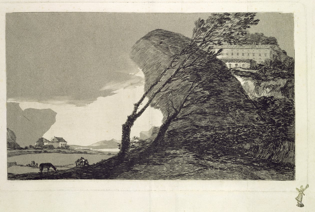 Landschaft mit großen Felsen, Gebäuden und Bäumen, vor 1810 von Francisco de Goya
