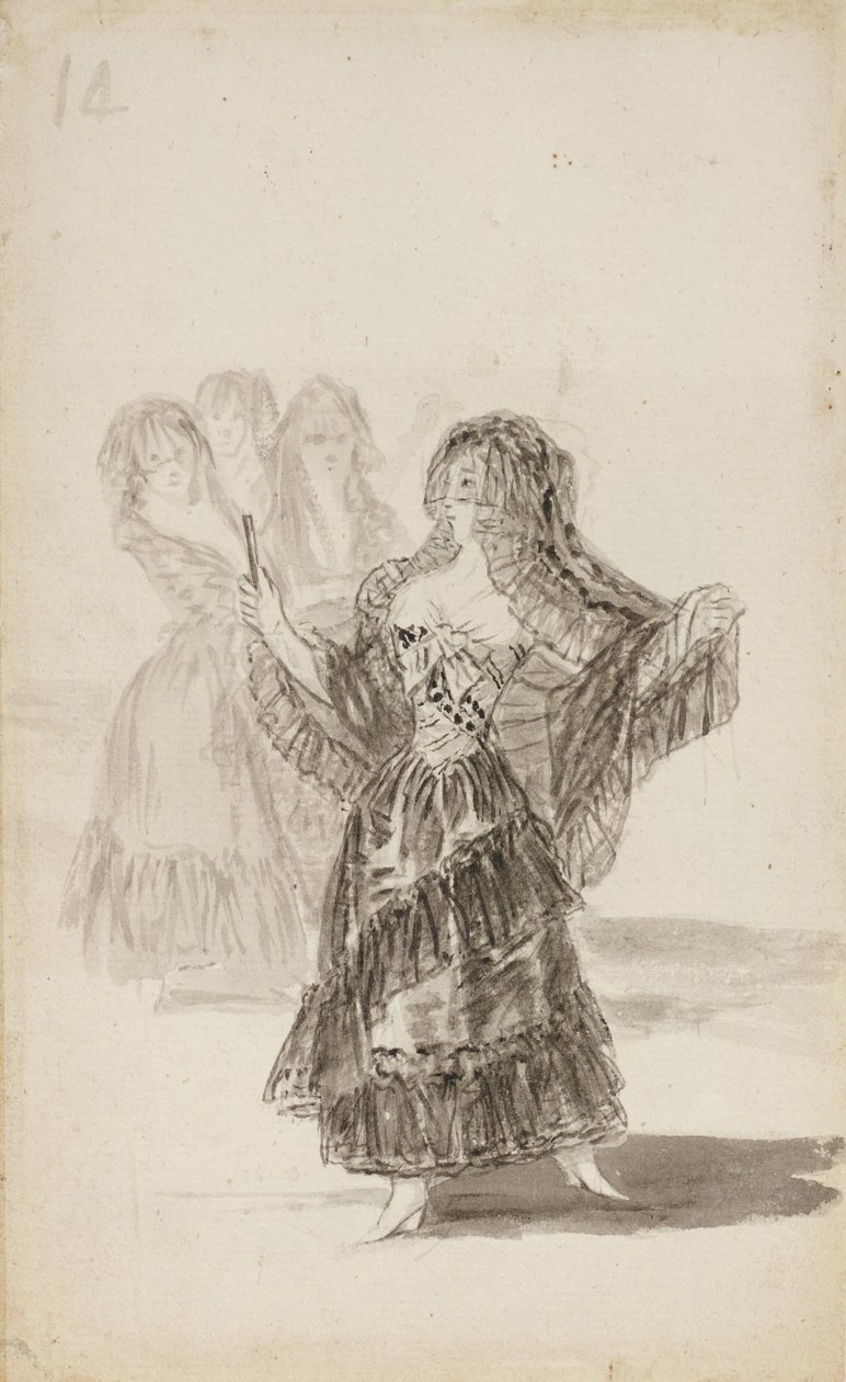 Zwei Majas umarmen sich (recto); Maja paradieren vor drei anderen (verso) von Francisco de Goya