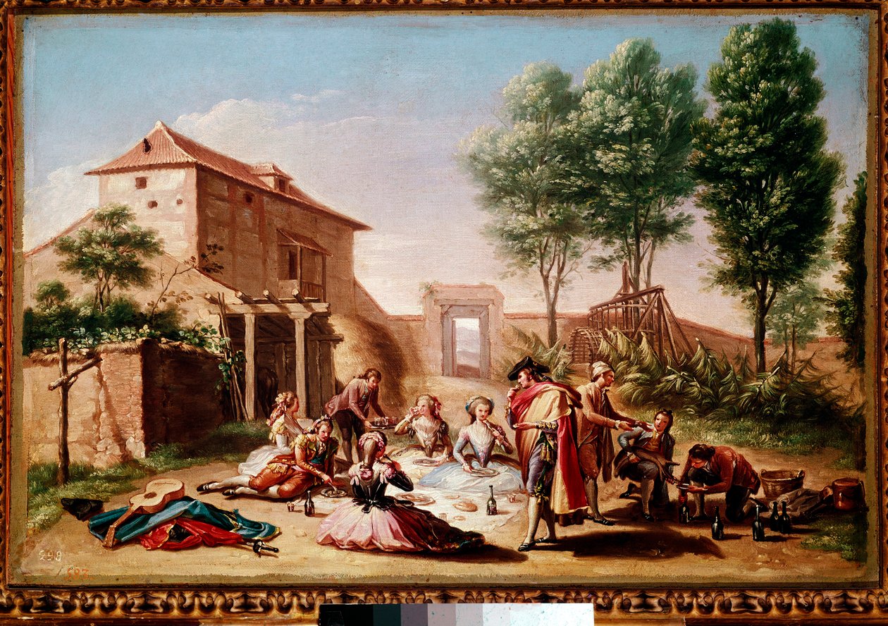 Mittagessen auf dem Land: junge Leute des Bürgertums beim Picknick. Gemälde von Francisco Bayeu y Subías von Francisco Bayeu y Subias