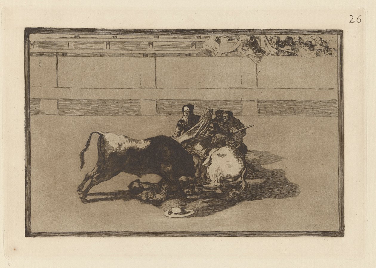 Ein Picador wird abgeworfen und fällt unter den Stier, Platte 26 aus La tauromaquia von Francisco de Goya