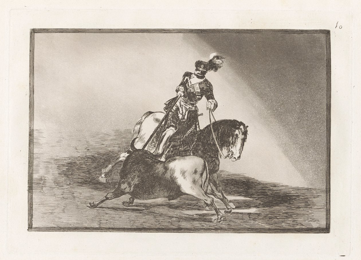 Karl V. spießt einen Stier in der Arena von Valladolid auf, Platte 10 aus La tauromaquia von Francisco de Goya