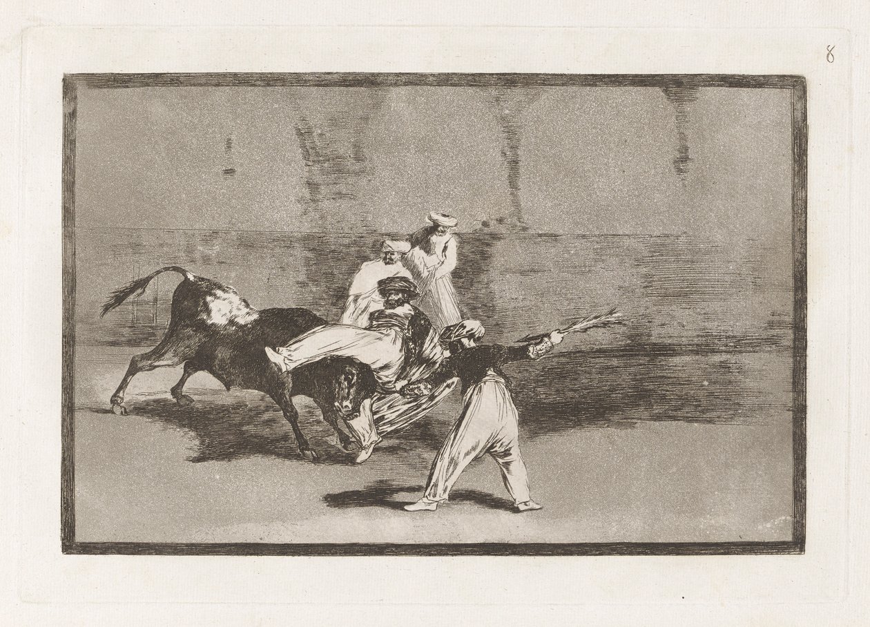 Cogida de un moro estando en la plaza (Ein Maure wird in der Arena vom Stier gefangen), Platte 8 aus La tauromaquia von Francisco de Goya