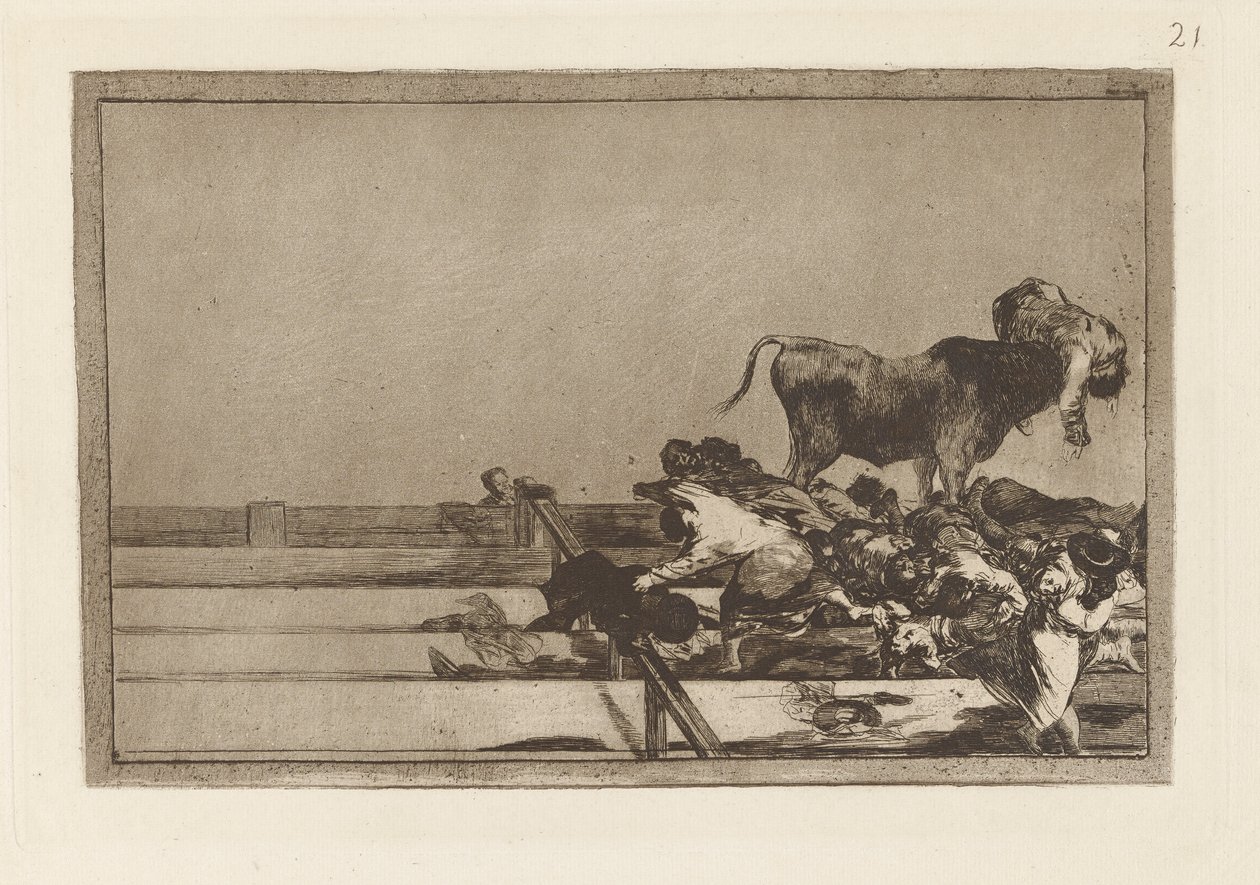 Schreckliche Ereignisse in den vorderen Reihen des Rings in Madrid und Tod des Bürgermeisters von Torrejón, Platte 21 aus La tauromaquia von Francisco de Goya