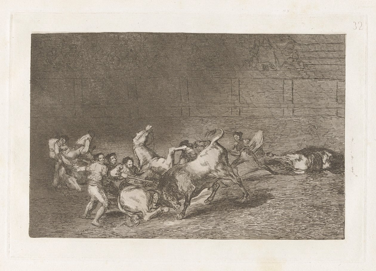 Zwei Teams von Picadors, die nacheinander von einem einzigen Stier geworfen werden, Platte 32 aus La tauromaquia von Francisco de Goya