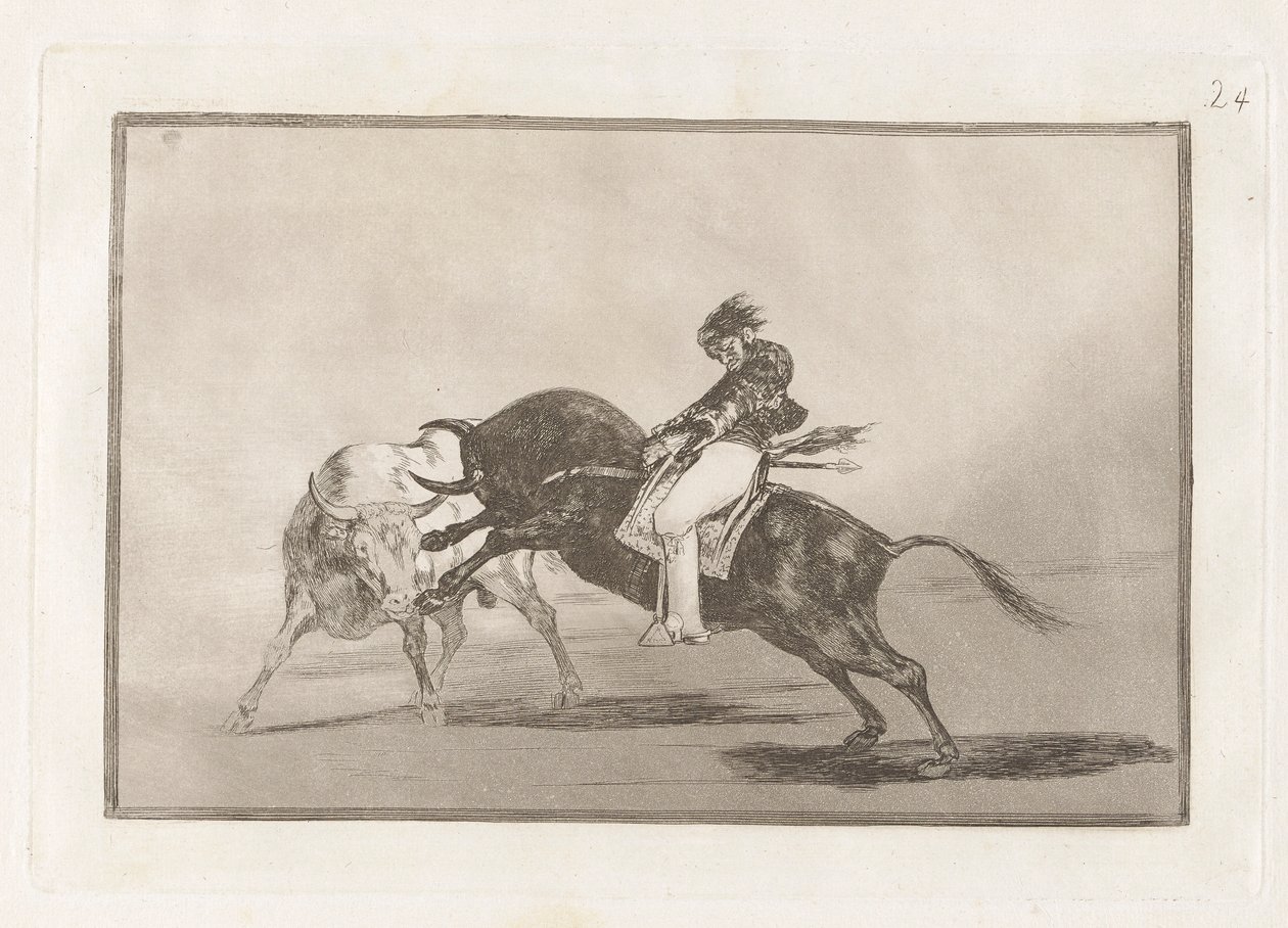 El mismo Ceballos montado sobre otro toro quiebra rejones en la plaza de Madrid (Der gleiche Ceballos auf einem anderen Stier bricht kurze Speere in der Arena von Madrid), Platte 24 aus La tauromaquia von Francisco de Goya
