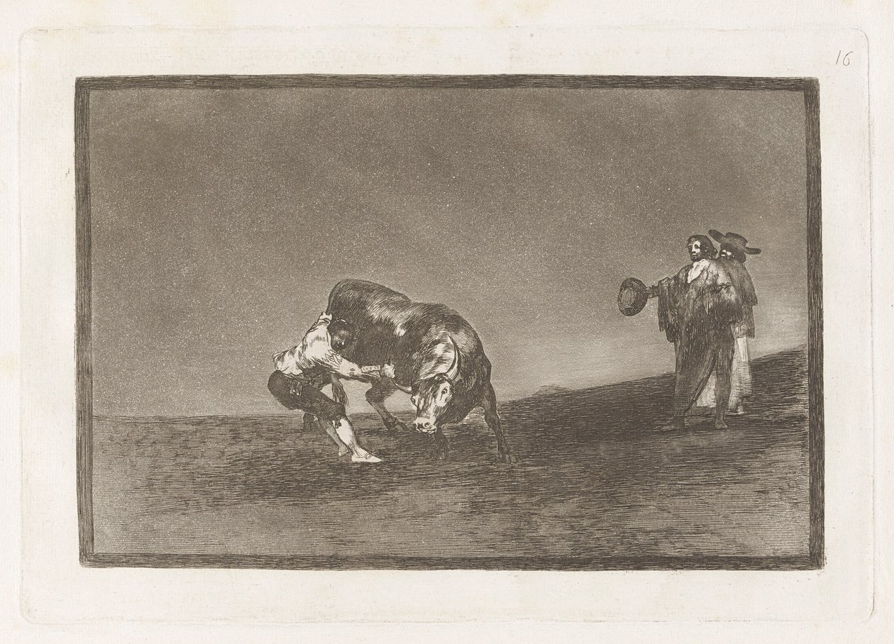 El mismo vuelca un toro en la plaza de Madrid (Der gleiche Mann wirft einen Stier in der Arena von Madrid), Tafel 16 aus La tauromaquia von Francisco de Goya