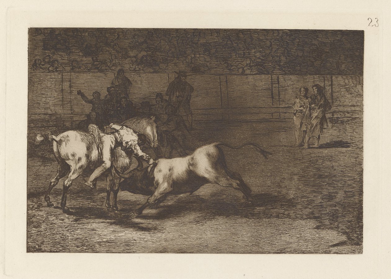 Mariano Ceballos, alias der Indianer, tötet den Stier von seinem Pferd aus, Platte 23 aus La tauromaquia von Francisco de Goya