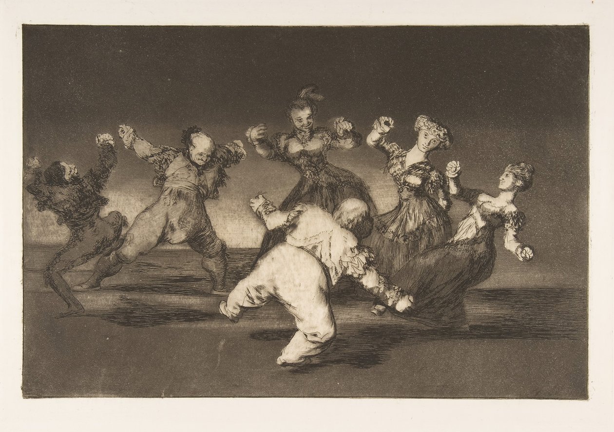 Platte 12 aus den Disparates: Wenn Marion tanzen will, dann hat sie..., ca. 1816-23 veröffentlicht 1864 von Francisco de Goya