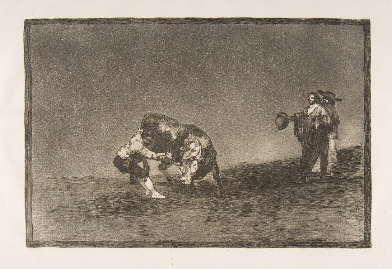 Tafel 16 der Tauromaquia: Derselbe Mann wirft einen Stier in der Arena von Madrid von Francisco de Goya