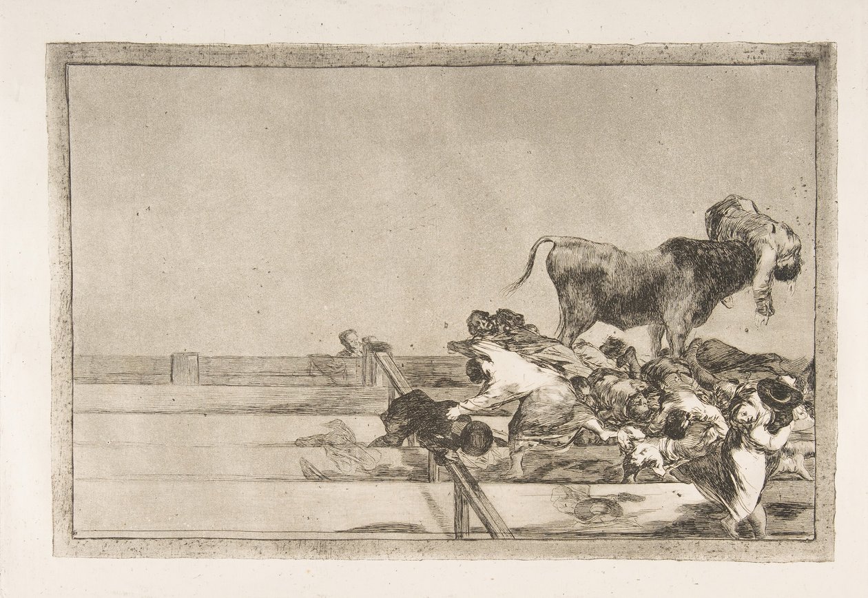 Schreckliche Ereignisse in den vorderen Reihen der Arena in Madrid, Tauromaquia, Platte 21 von Francisco de Goya