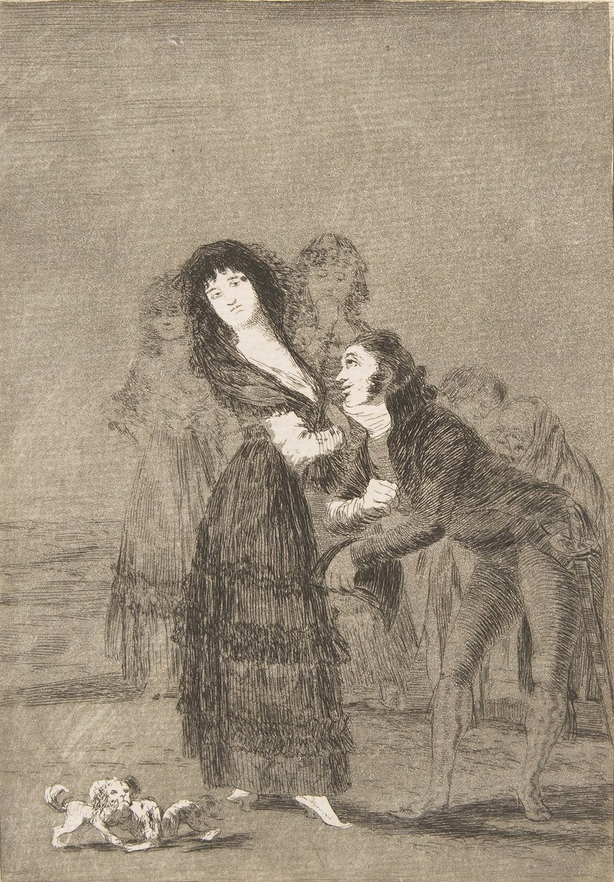 Blatt 27 aus Los Caprichos: Wer von ihnen ist mehr überwältigt (Quien mas rendido) von Francisco de Goya