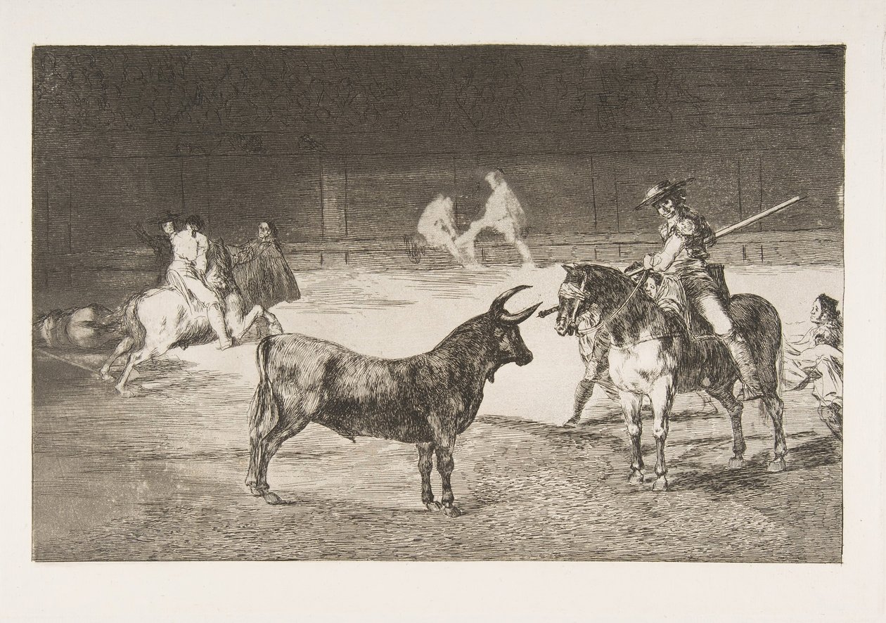 Tafel 27 aus der Tauromaquia: Der berühmte Picador Fernando del Toro zieht den Stier... von Francisco de Goya