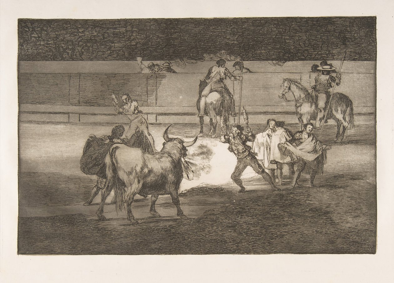 Platte 31 der Tauromaquia: Banderillas mit Feuerwerkskörpern, 1816 von Francisco de Goya