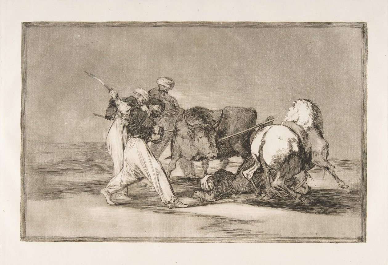 Platte 3 der Tauromaquia: Die Mauren siedelten sich in Spanien an und gaben die Aberglauben auf, 1816 von Francisco de Goya