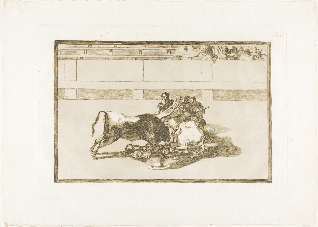 Ein Picador wird abgeworfen und fällt unter den Stier, Platte 26 aus Die Kunst des Stierkampfs von Francisco Jose de Goya y Lucientes