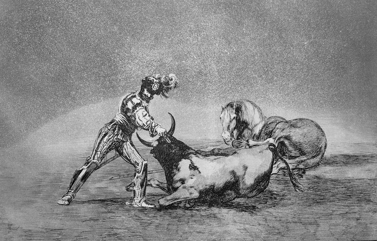 Ein spanischer Ritter tötet den Stier, nachdem er sein Pferd verloren hat, Platte 9 aus 