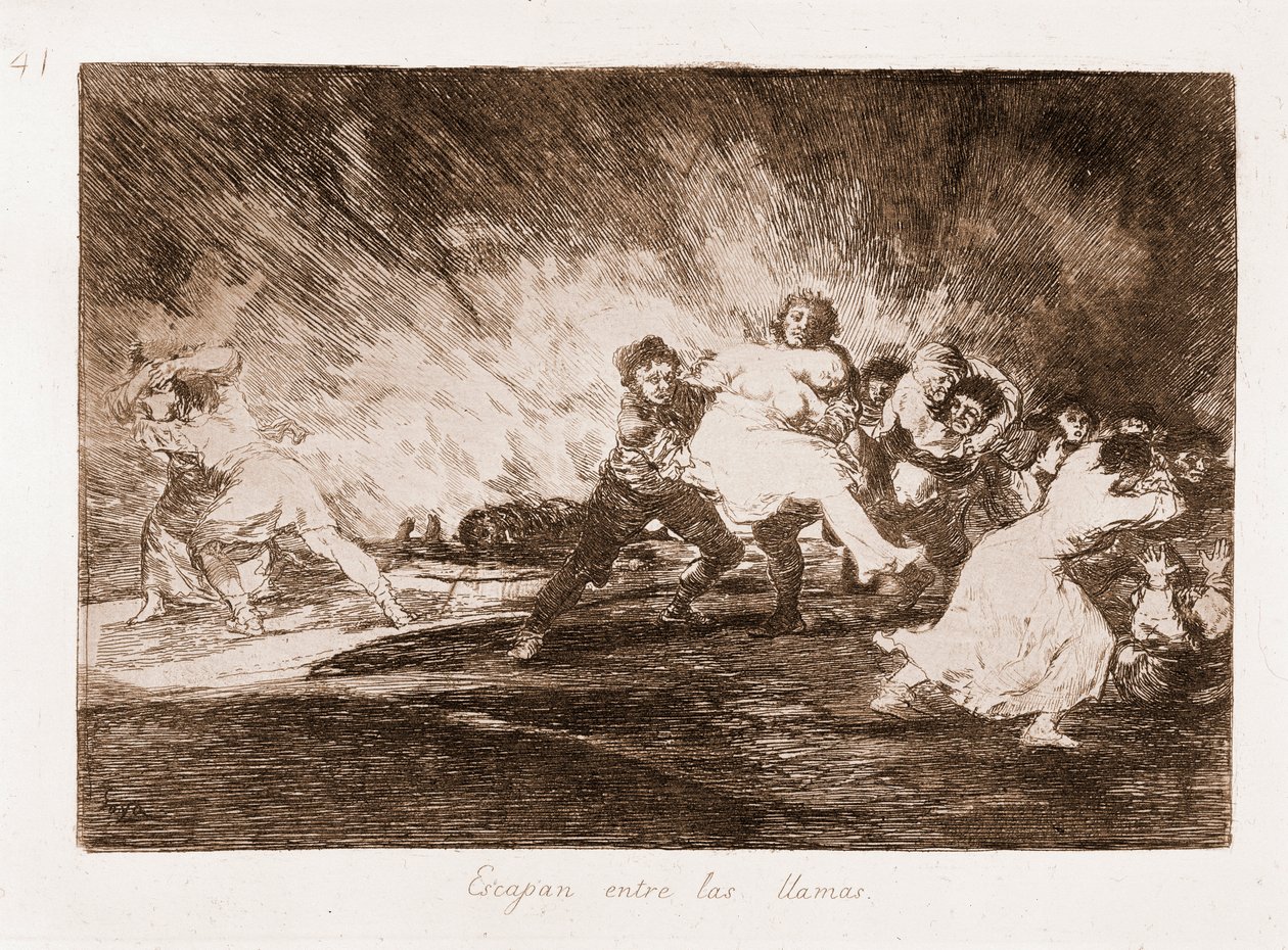 Die Schrecken des Krieges: Sie entkommen durch die Flammen (Radierung nach einer Zeichnung) von Francisco de Goya