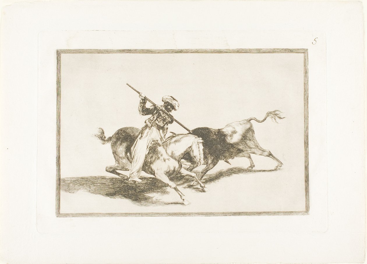 Der temperamentvolle Maure Gazul ist der Erste, der Stiere nach Regeln spießt, Platte fünf aus Die Kunst des Stierkampfs von Francisco Jose de Goya y Lucientes