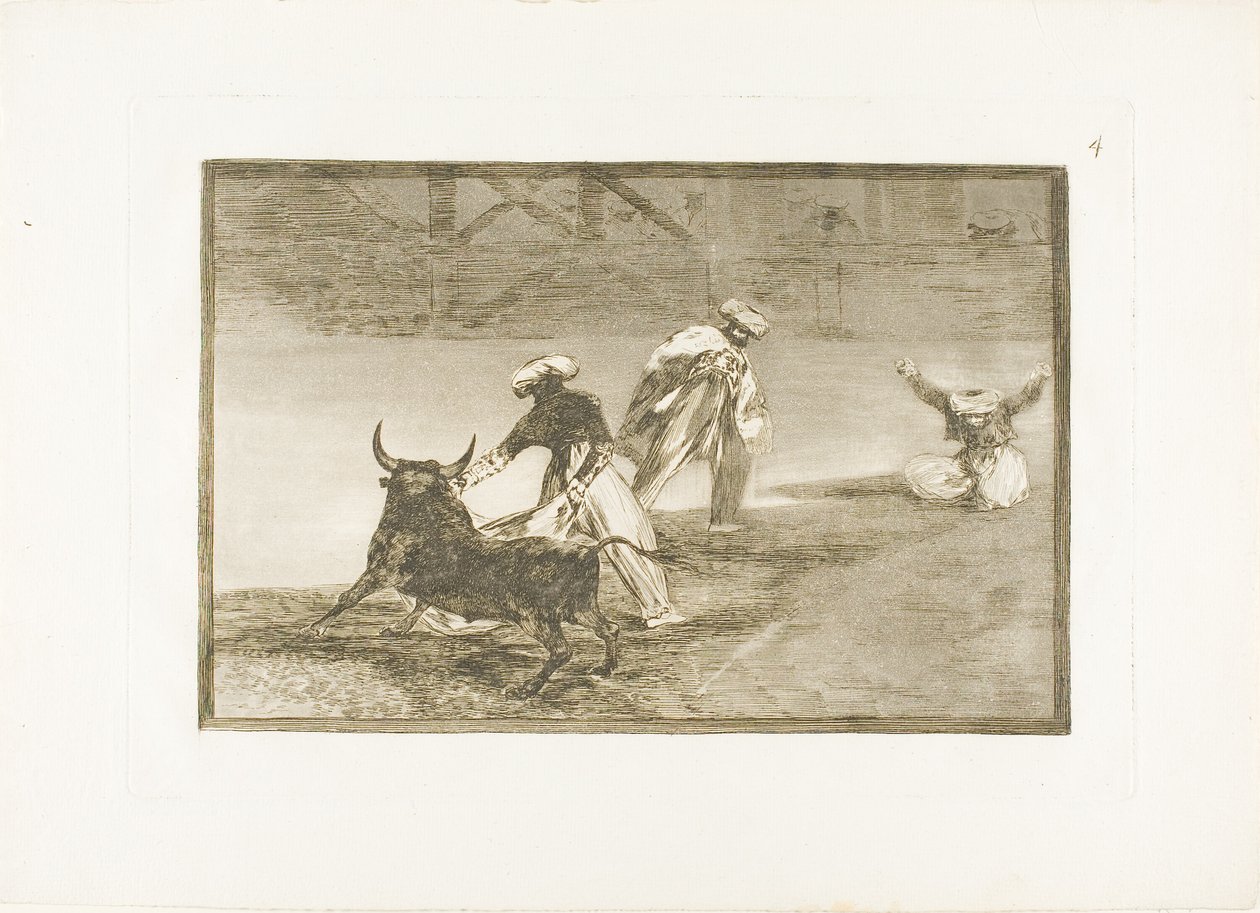 Sie spielen einen weiteren mit dem Umhang in einem Gehege, Platte vier aus Die Kunst des Stierkampfs von Francisco Jose de Goya y Lucientes