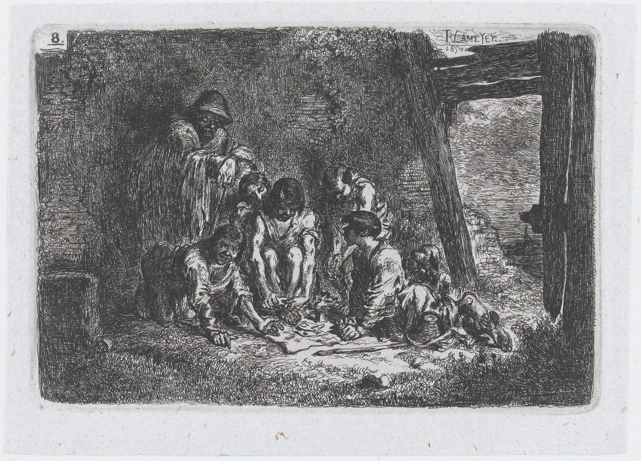 Platte 8: eine Gruppe von Figuren, von denen einige ein Spiel spielen, aus der Serie von Bräuchen, 1850 von Francisco Lameyer Berenguer