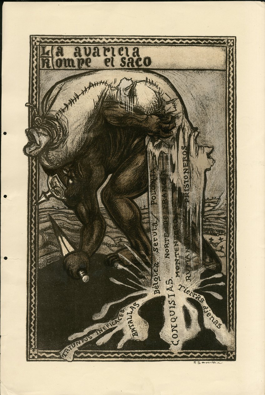 Illustration von Francisco Sancha Lengo (1874-1936) - Fliegendes Blatt, circa 1915 - Krieg von 14-18, Deutschland Preußen, Silber, Kriegführende und Symbole, Spanische Sprache, Ausländische Presse von Francisco Sancha y Lengo
