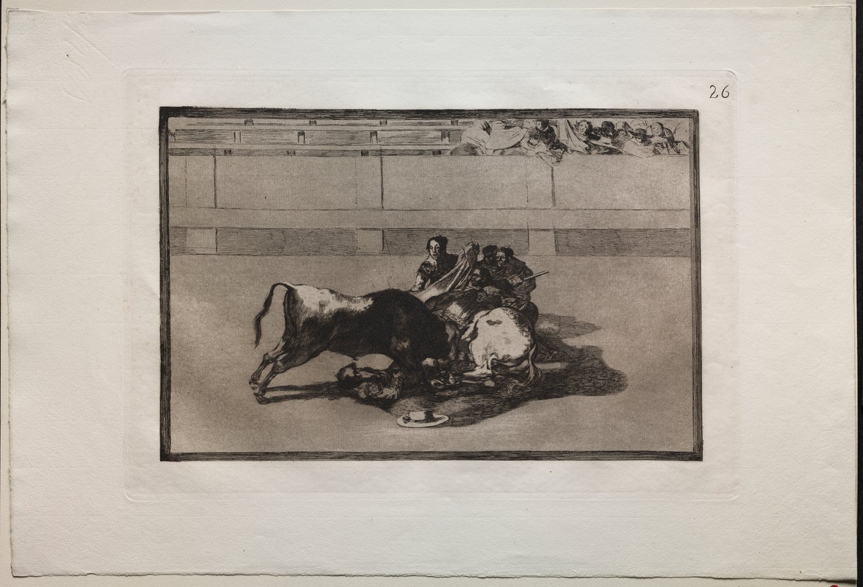 Stierkämpfe: Ein Picador wird abgeworfen und fällt unter den Stier von Francisco de Goya
