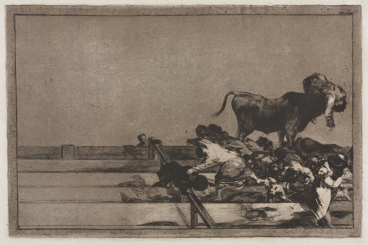 Stierkämpfe: Schreckliche Ereignisse in den vorderen Reihen des Rings in Madrid und Tod des Bürgermeisters von Torrejon von Francisco de Goya