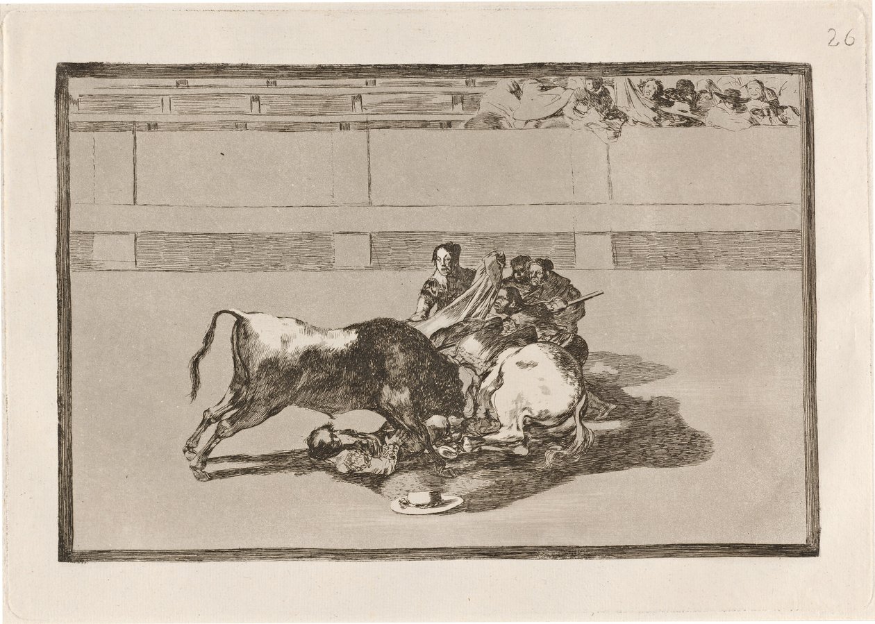 Ein Picador wird abgeworfen und fällt unter den Stier von Francisco de Goya