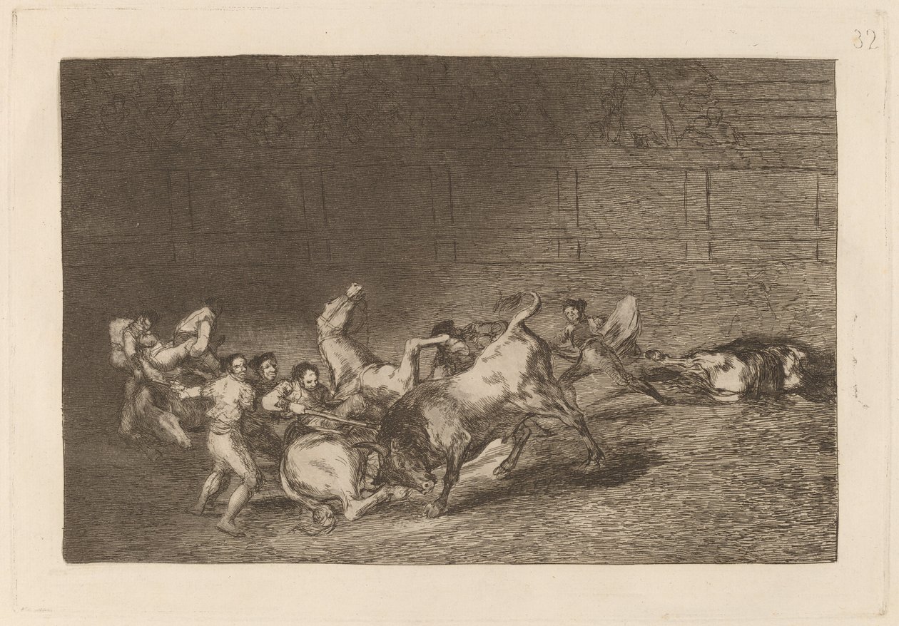 Zwei Teams von Picadores nacheinander von einem einzigen Stier geworfen von Francisco de Goya