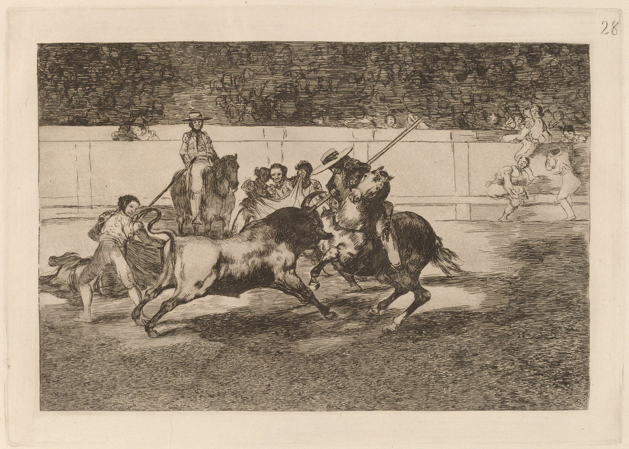 Der kraftvolle Rendon sticht einen Stier mit der Lanze, an dessen Wunde er in der Arena von Madrid starb von Francisco de Goya