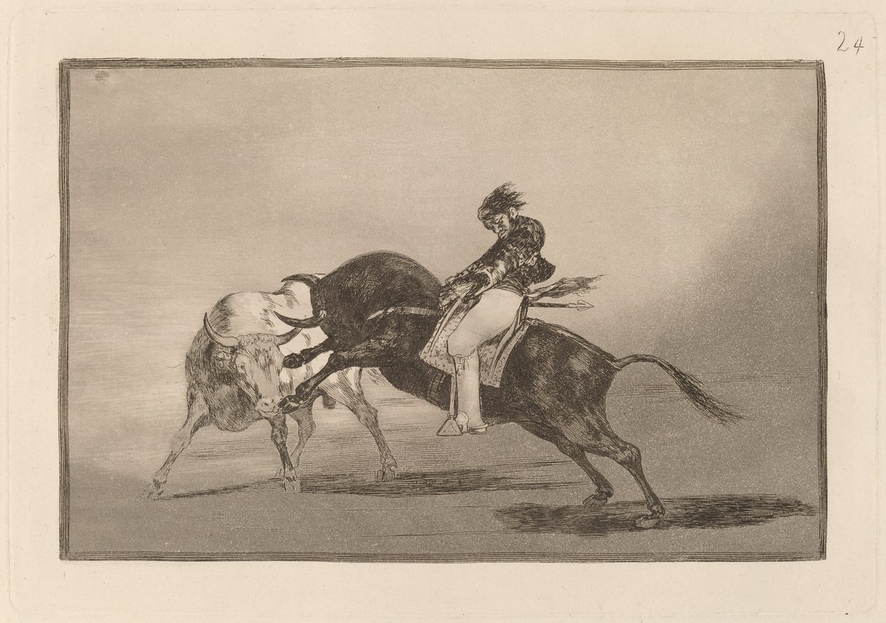 Der gleiche Ceballos, auf einem anderen Stier reitend, bricht kurze Speere in der Arena von Madrid von Francisco de Goya