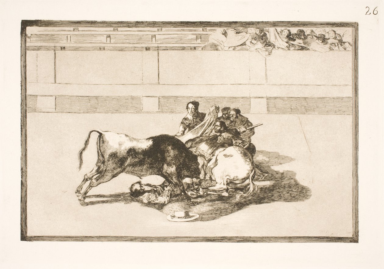 Ein Picador wird vom Pferd geworfen und stürzt unter den Stier von Francisco de Goya