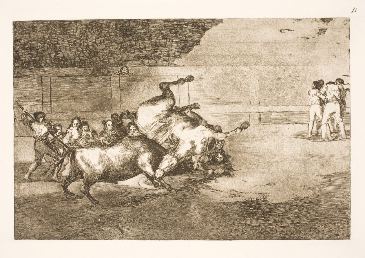 Pferd wird von einem Stier zu Boden geworfen von Francisco de Goya