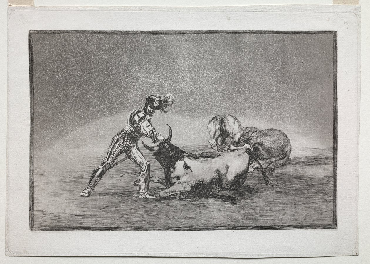 La Tauramaquia: Ein spanischer Ritter tötet den Stier, nachdem er sein Pferd verloren hat von Francisco de Goya