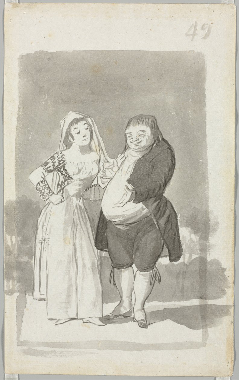 Prostituierte, die einen dicken, hässlichen Mann anwirbt recto, junge Frau, die sich die Hände ringt...verso, 1796-97 von Francisco de Goya