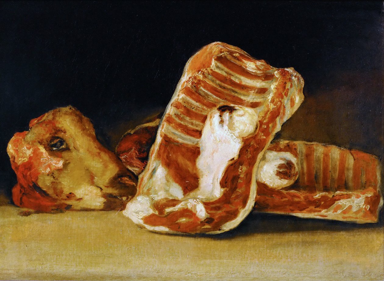 Stillleben mit Schafsrippen und Kopf, Die Fleischertheke von Francisco de Goya