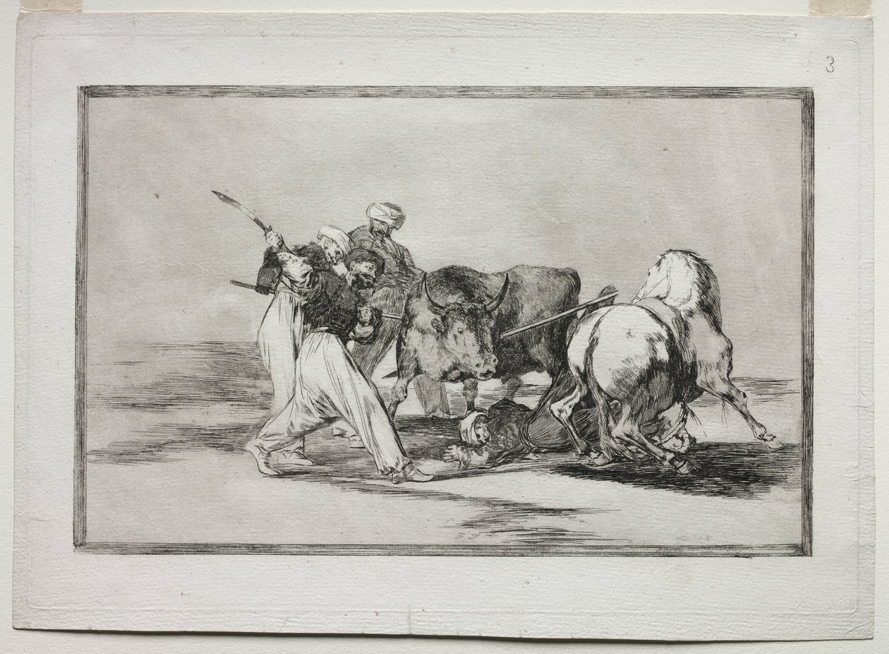 Die Mauren siedelten sich in Spanien an, gaben die Aberglauben des Korans auf, nahmen diese Jagdkunst an und spießten einen Stier im Freien auf von Francisco de Goya