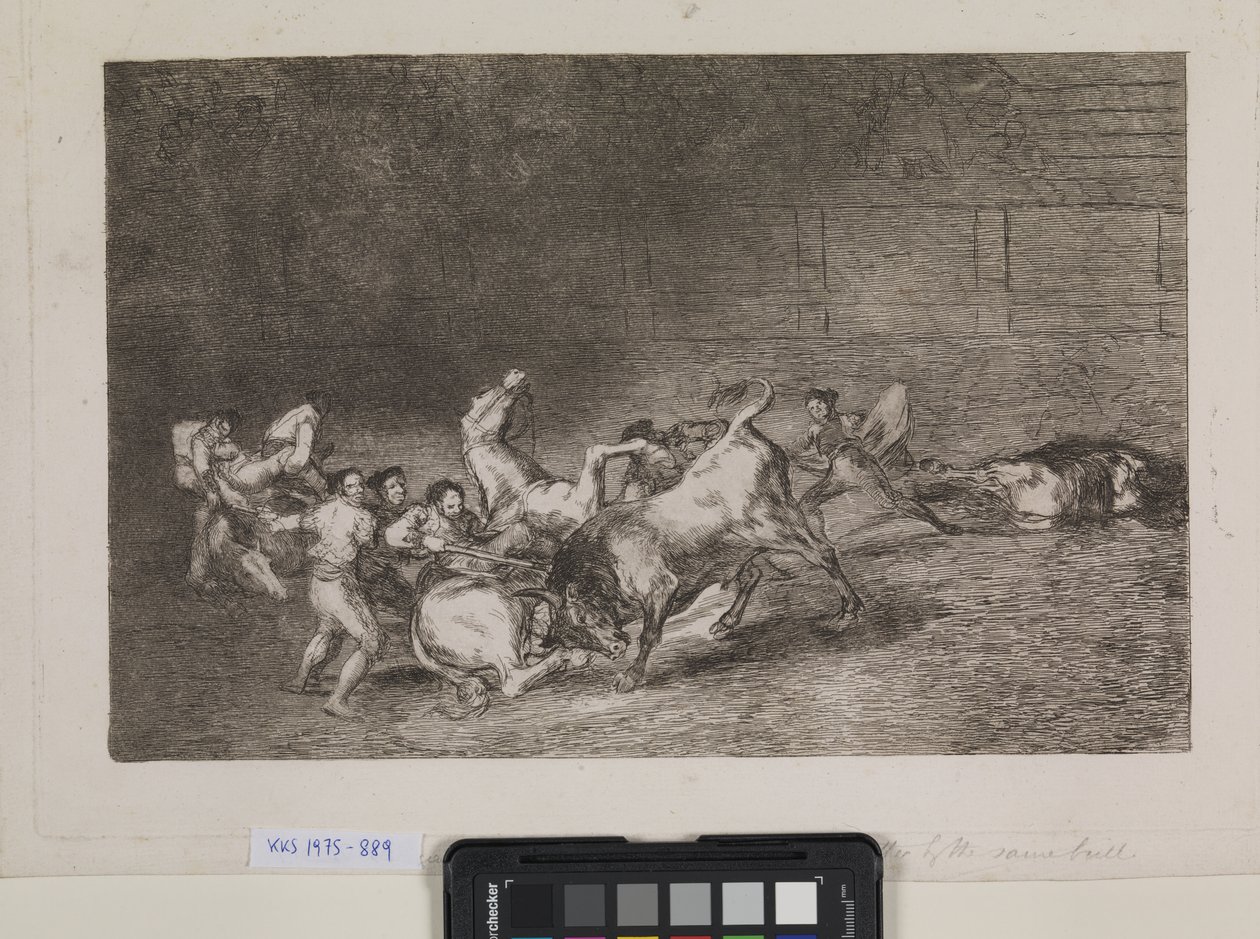 Zwei Picadores werden nacheinander von einem einzigen Stier umgeworfen von Francisco de Goya