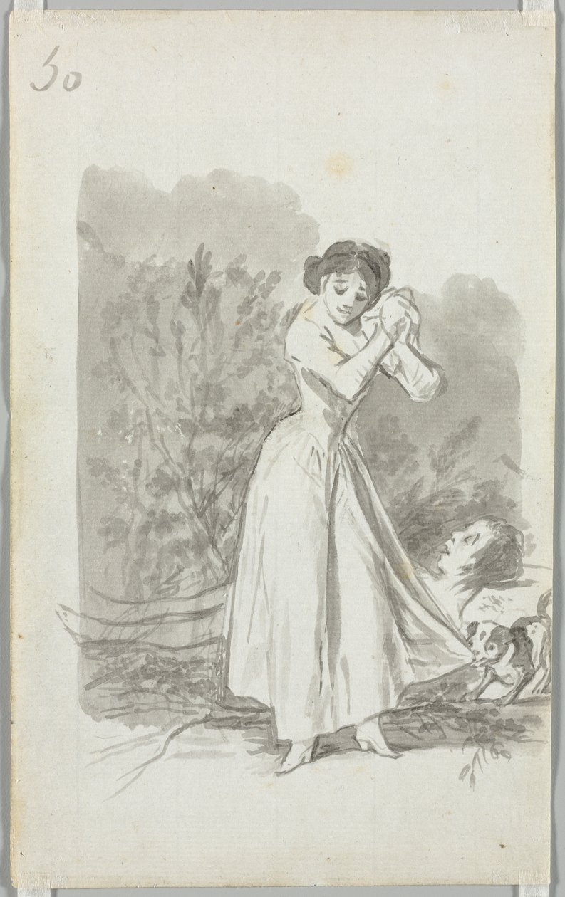 Junge Frau, die ihre Hände über dem nackten Körper eines Mannes ringt (verso) von Francisco de Goya