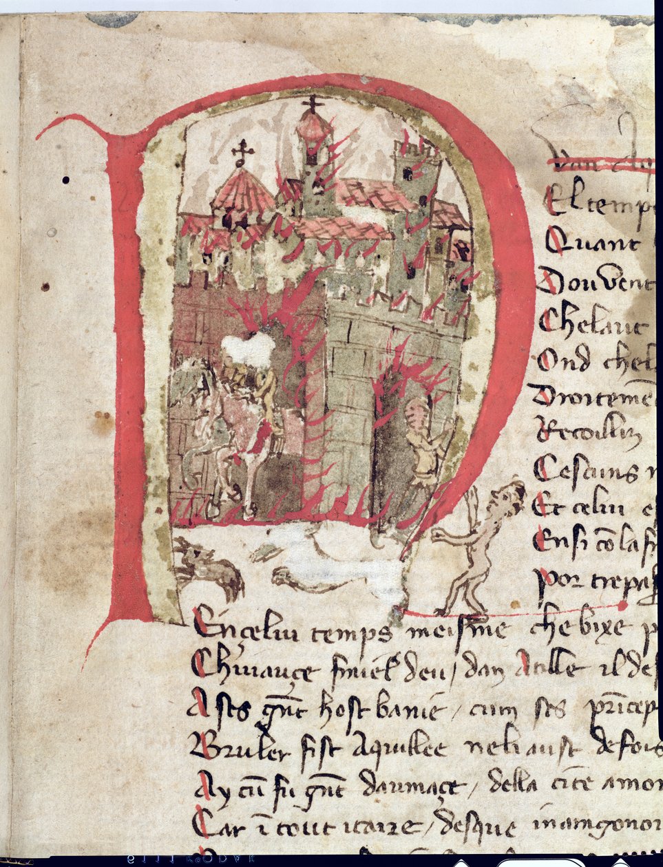 Historiierte Initiale, die Attila den Hunnen (ca. 406-453) zeigt, wie ...