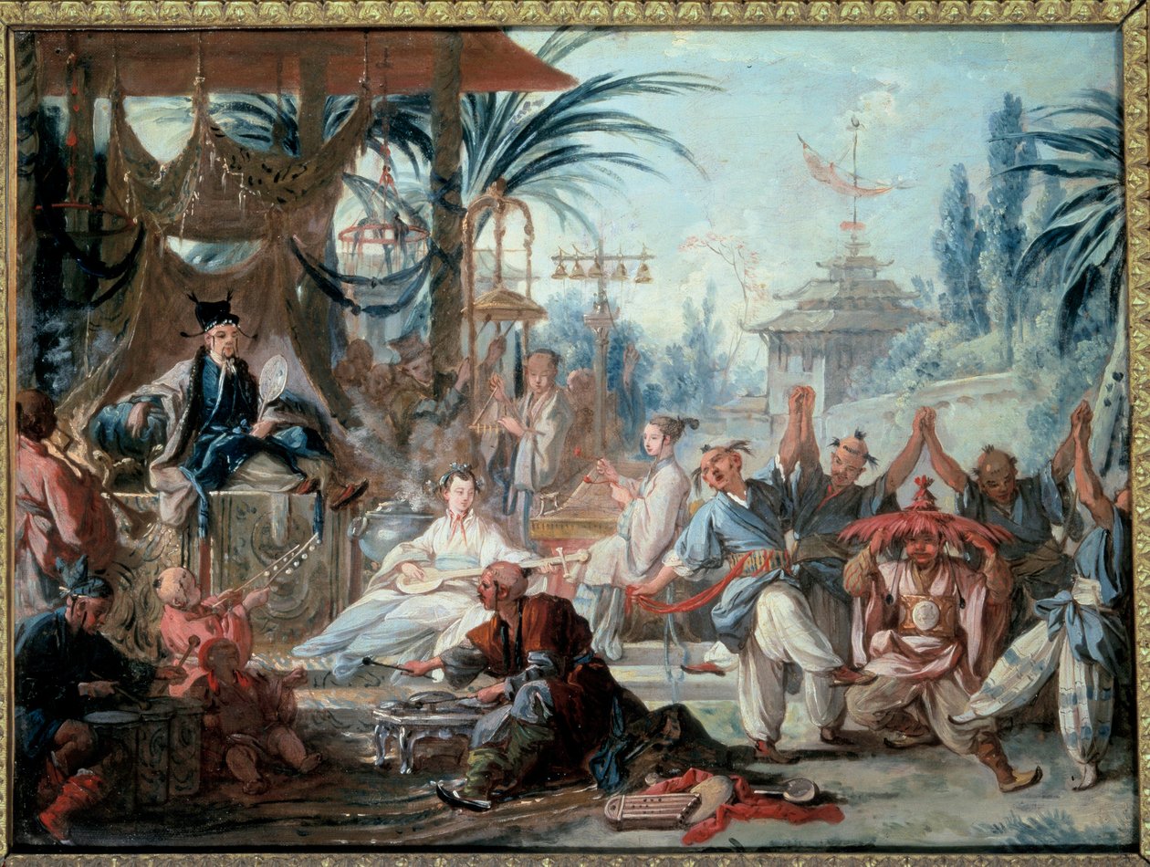 Chinoiserie: Chinesischer Tanz. Unterhaltungsszene am kaiserlichen Hof mit Musikern und Tänzern von François Boucher