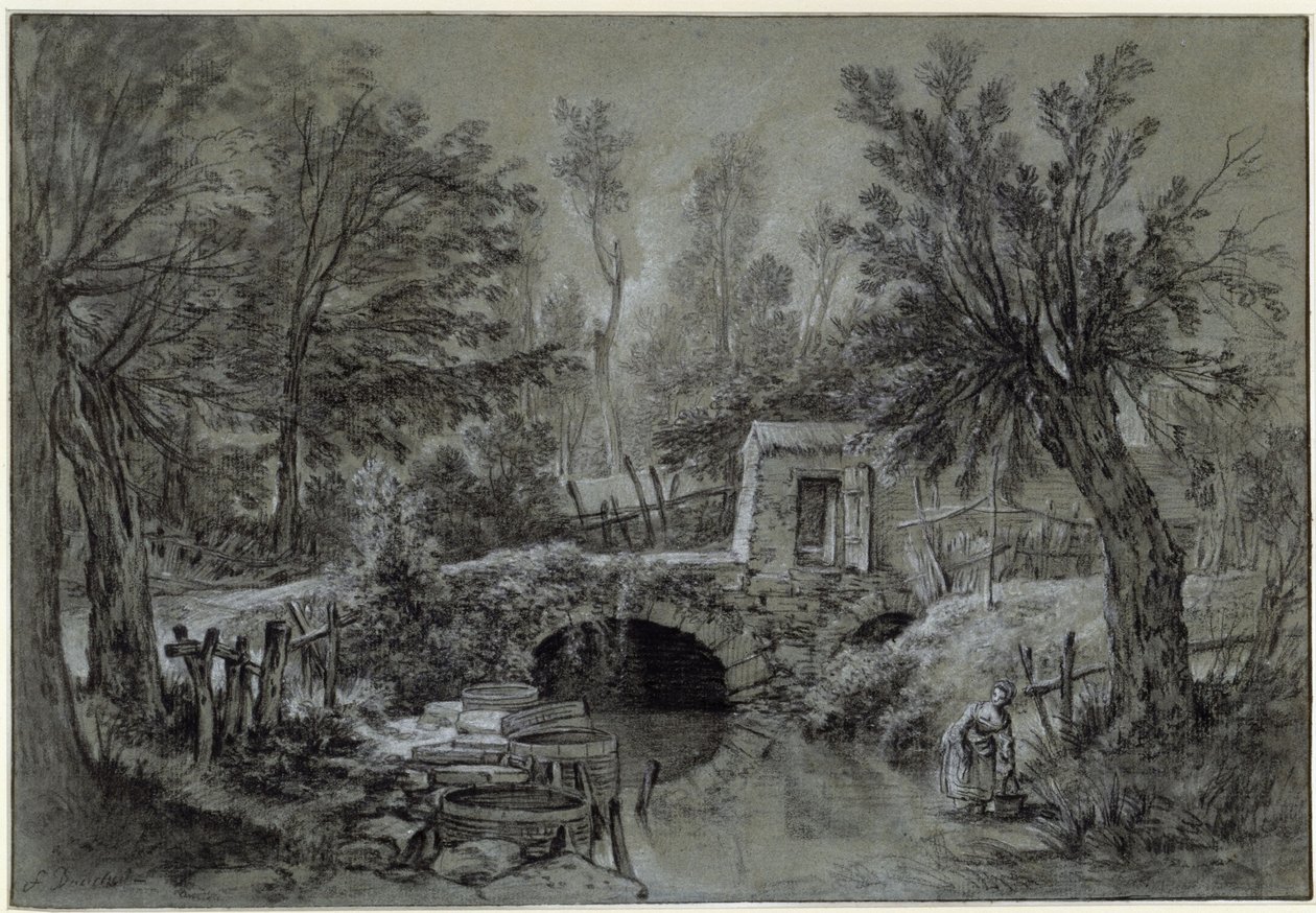 Landschaft mit Bach und Brücke von François Boucher